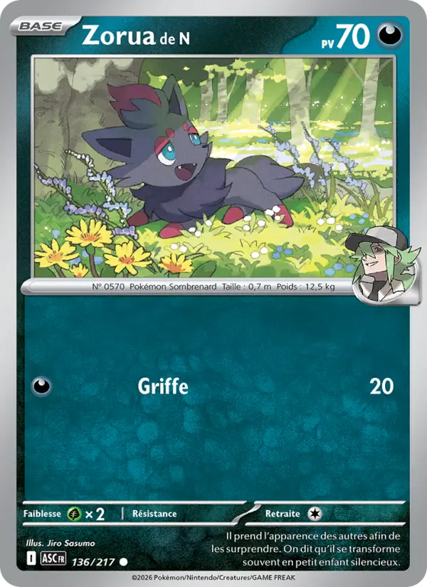 Scan HD carte Pokémon Zorua de N 136/217 — Héros Transcendants