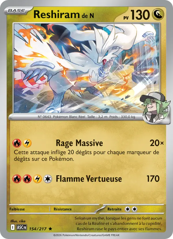 Scan HD carte Pokémon Reshiram de N 154/217 — Héros Transcendants