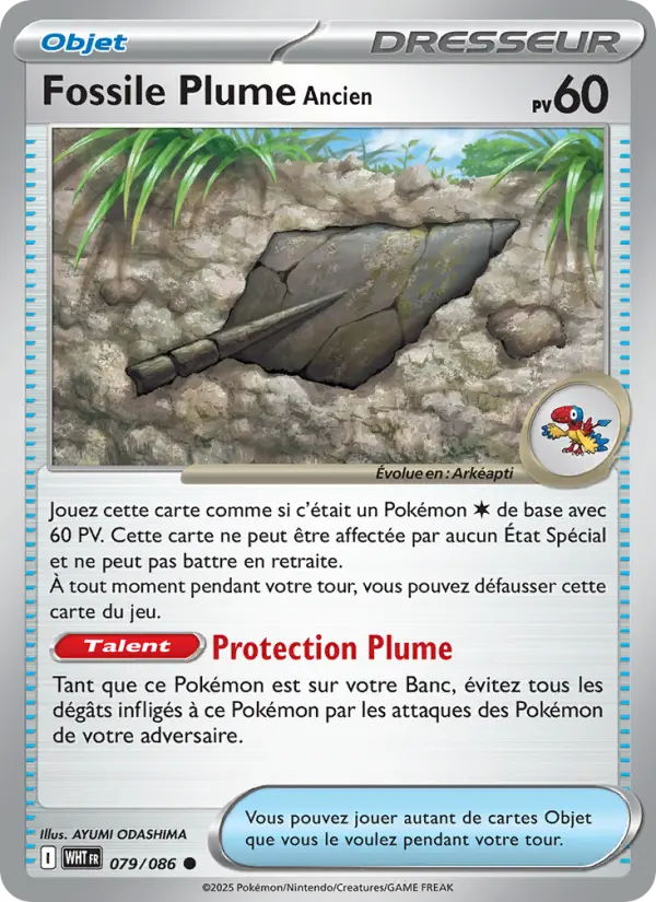 Scan HD carte Pokémon Fossile Plume Ancien 079/86 — Flamme Blanche