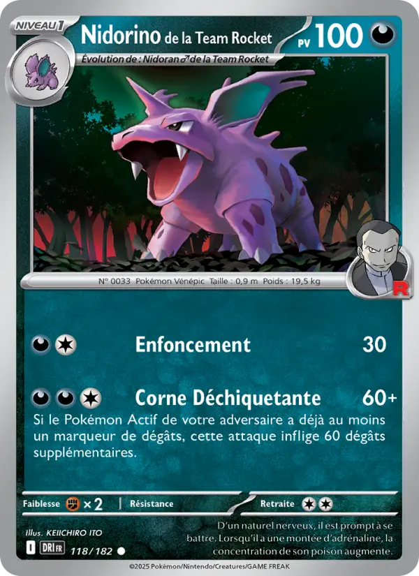 Scan HD carte Pokémon Nidorino de la Team Rocket 118/182 — Rivalités Destinées