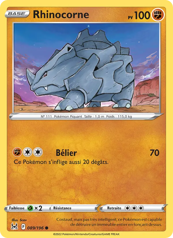 Scan HD carte Pokémon Rhinocorne 089/196 — Origine Perdue