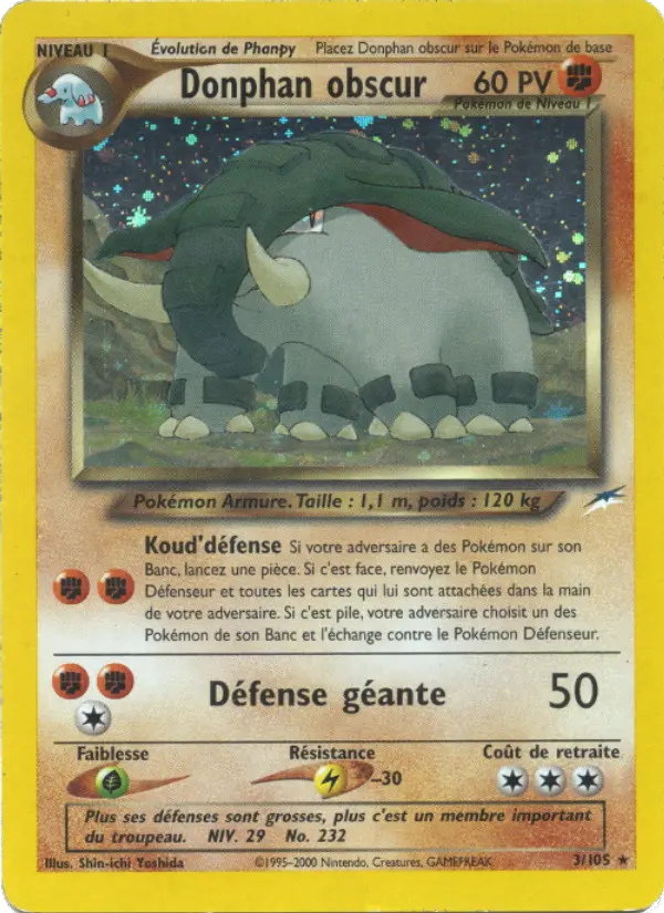 Scan HD carte Pokémon Donphan obscur 3/105 — Neo Destiny