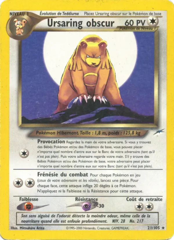 Scan HD carte Pokémon Ursaring obscur 21/105 — Neo Destiny