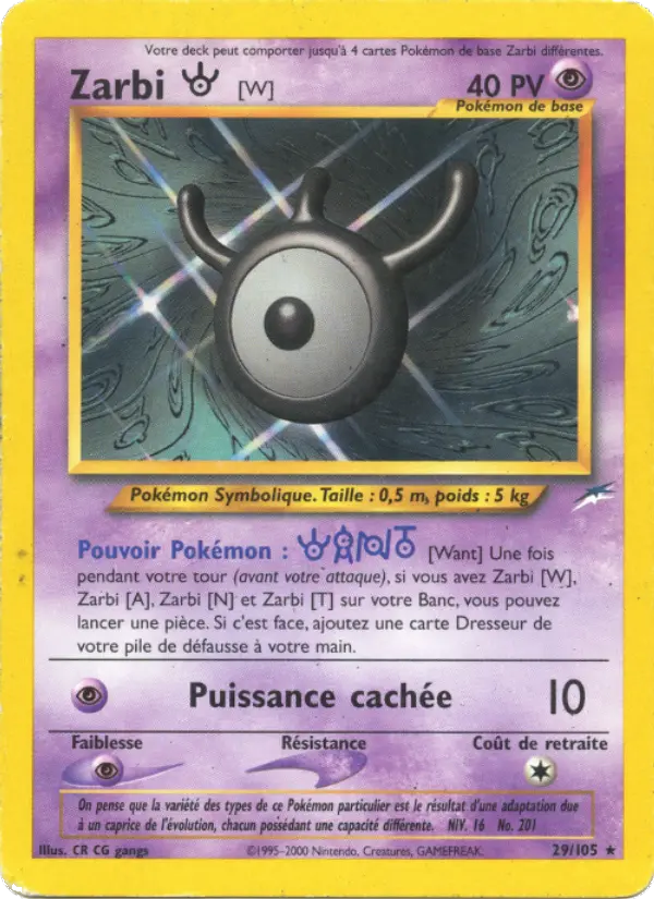 Scan HD carte Pokémon Zarbi W 29/105 — Neo Destiny