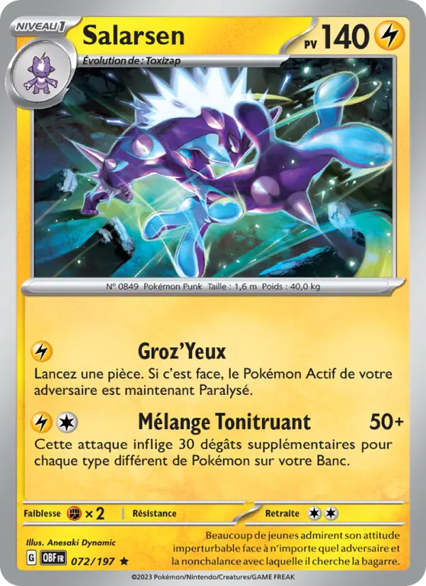 Scan HD carte Pokémon Salarsen 072/197 — Flammes Obsidiennes