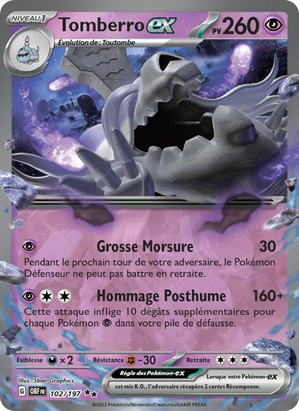 Scan HD carte Pokémon Tomberro-ex 102/197 — Flammes Obsidiennes
