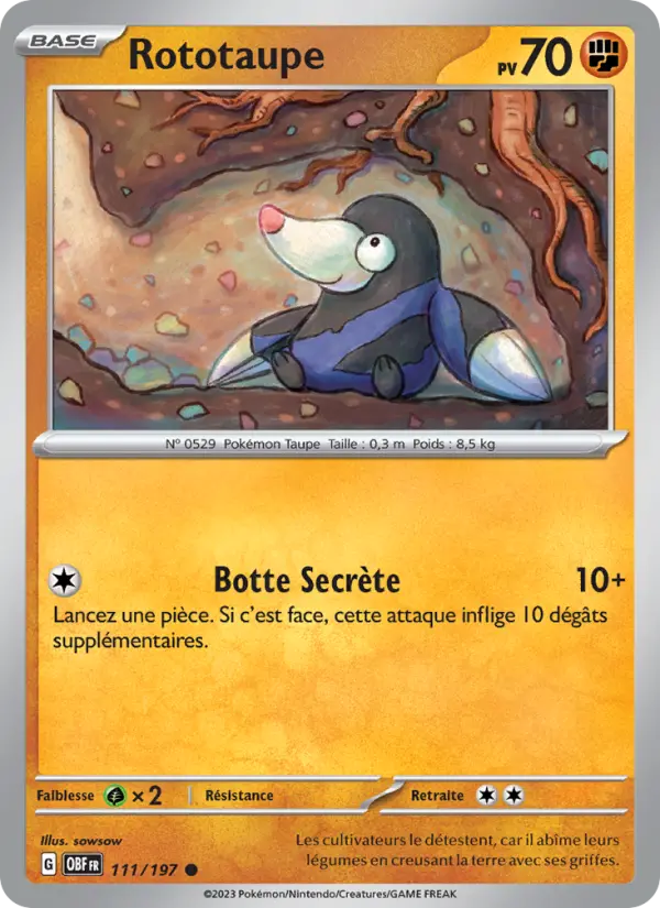 Scan HD carte Pokémon Rototaupe 111/197 — Flammes Obsidiennes