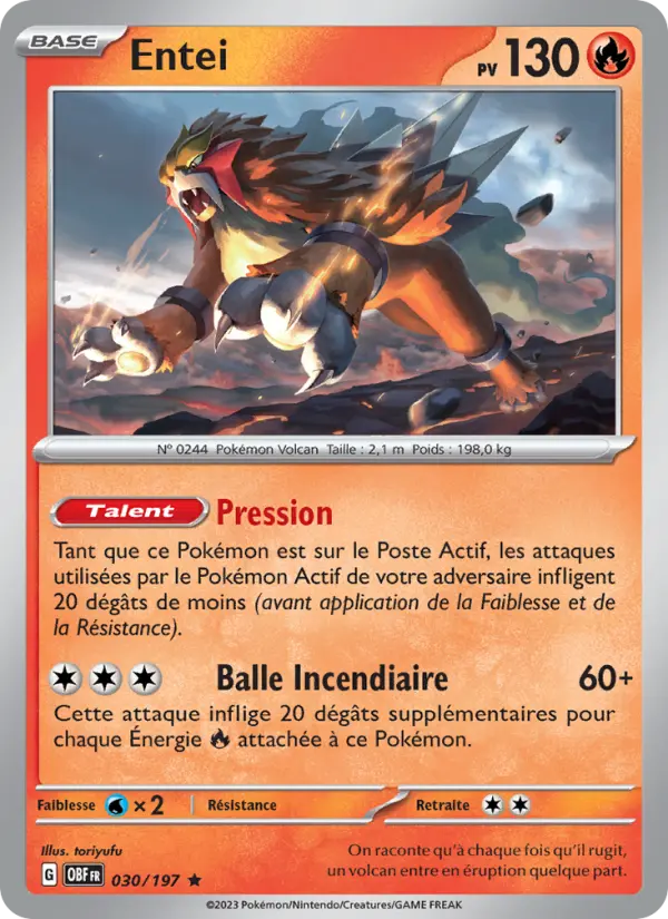 Scan HD carte Pokémon Entei 030/197 — Flammes Obsidiennes