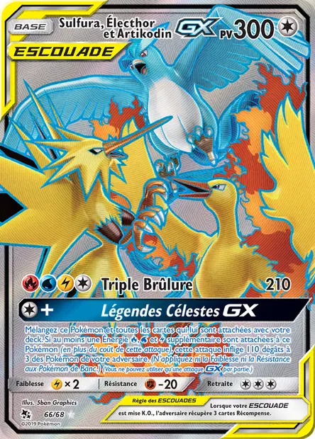 Scan HD carte Pokémon Sulfura, Électhor et Artikodin-GX 66/68 — Destinées Occultes