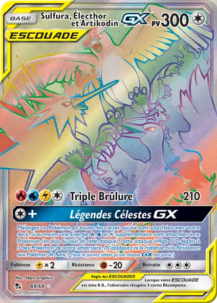 Scan HD carte Pokémon Sulfura, Électhor et Artikodin-GX 69/68 — Destinées Occultes