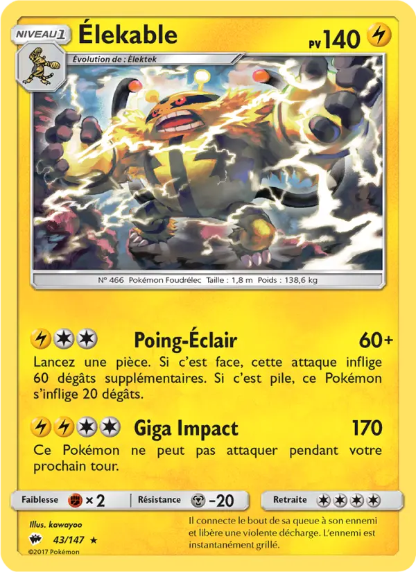 Scan HD carte Pokémon Élekable 43/147 — Ombres Ardentes