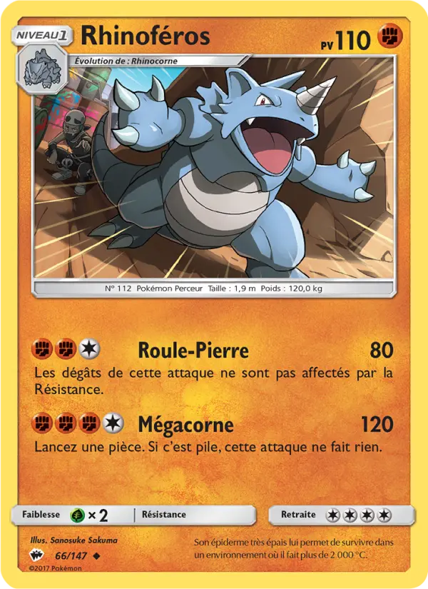 Scan HD carte Pokémon Rhinoféros 66/147 — Ombres Ardentes