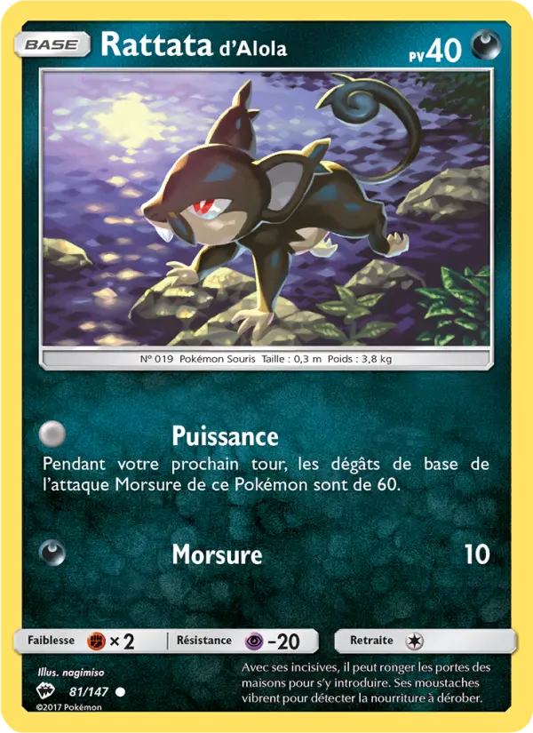 Scan HD carte Pokémon Rattata d’Alola 81/147 — Ombres Ardentes