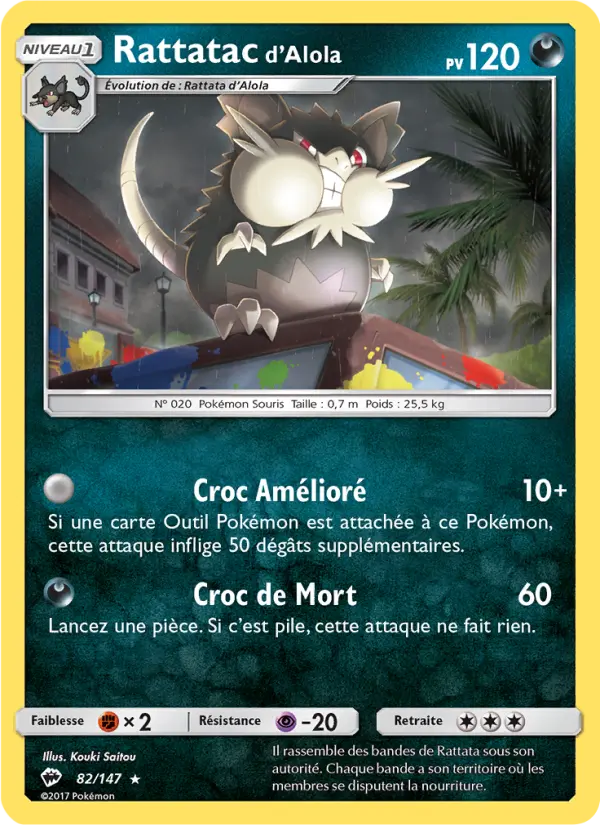 Scan HD carte Pokémon Rattatac d’Alola 82/147 — Ombres Ardentes