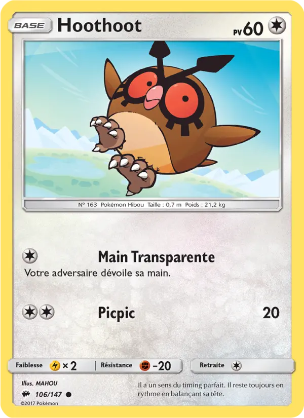 Scan HD carte Pokémon Hoothoot 106/147 — Ombres Ardentes
