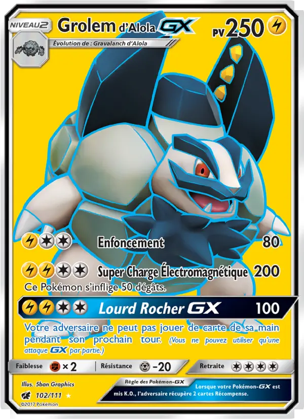 Scan HD carte Pokémon Grolem d’Alola GX 102/111 — Invasion Carmin