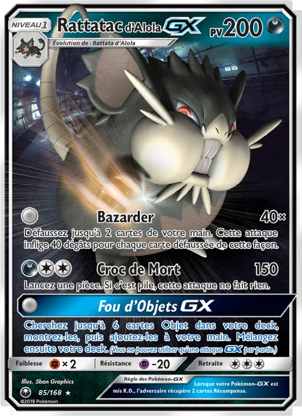 Scan HD carte Pokémon Rattatac d’Alola GX 85/168 — Tempête Céleste