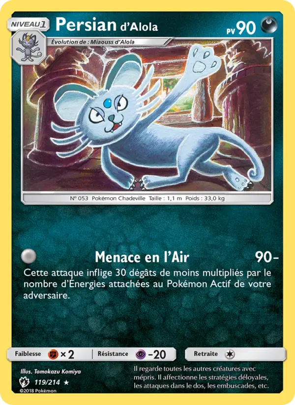 Scan HD carte Pokémon Persian d’Alola 119/214 — Tonnerre Perdu