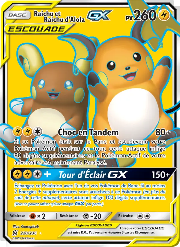 Scan HD carte Pokémon Raichu et Raichu d’Alola GX 220/236 — Harmonie des Esprits