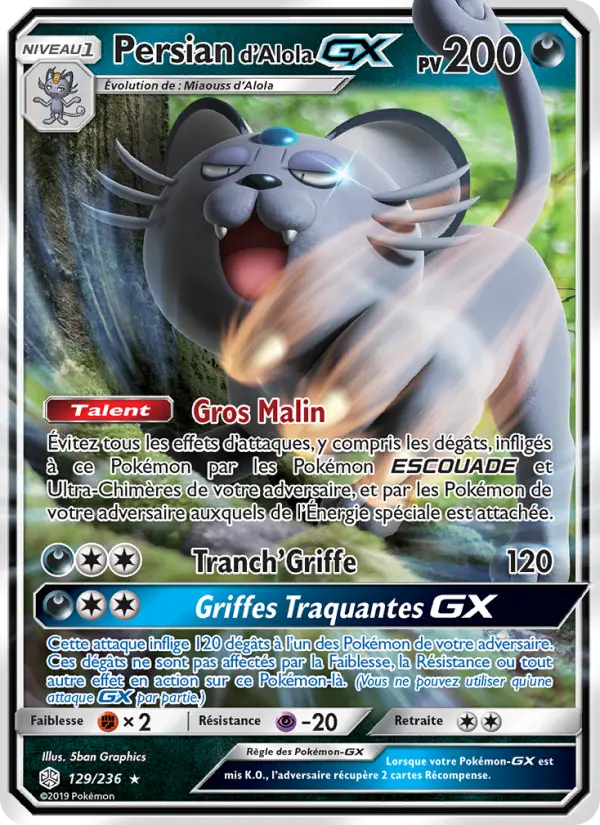 Scan HD carte Pokémon Persian d’Alola GX 129/236 — Éclipse Cosmique