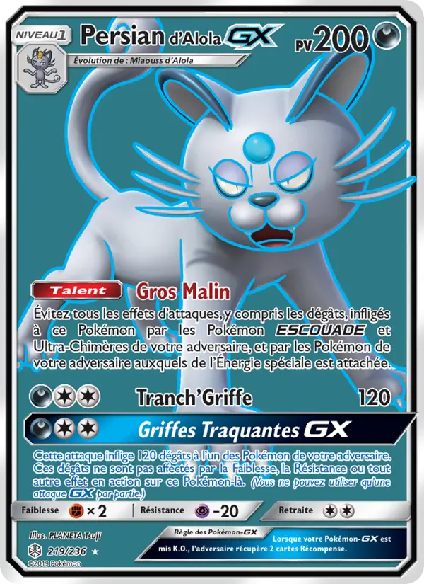 Scan HD carte Pokémon Persian d’Alola GX 219/236 — Éclipse Cosmique
