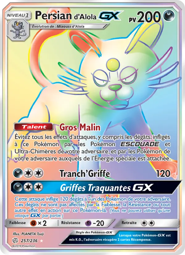 Scan HD carte Pokémon Persian d’Alola GX 257/236 — Éclipse Cosmique