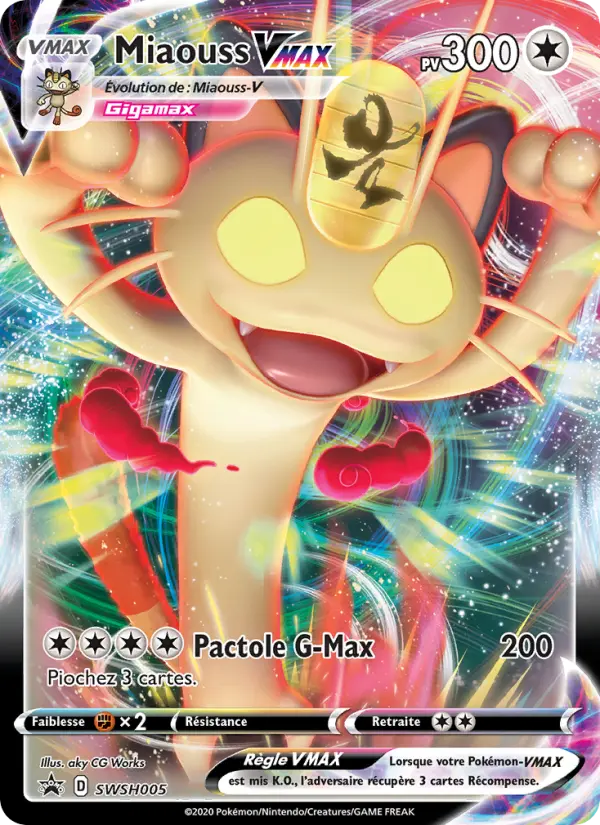 Scan HD carte Pokémon Miaouss VMAX SWSH005/107 — Promo SWSH