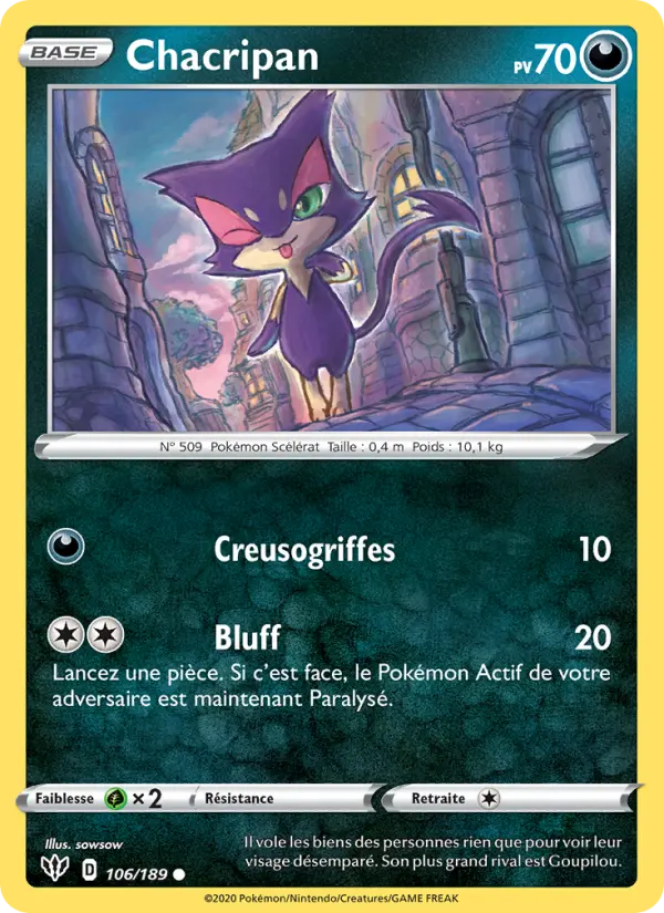 Scan HD carte Pokémon Chacripan 106/189 — Ténèbres Embrasées