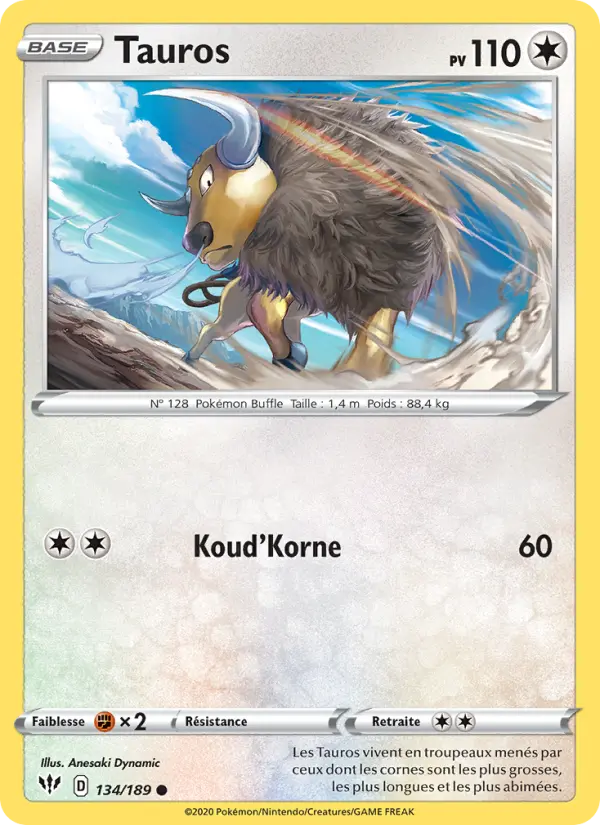 Scan HD carte Pokémon Tauros 134/189 — Ténèbres Embrasées