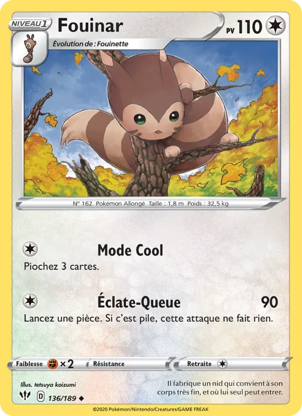 Scan HD carte Pokémon Fouinar 136/189 — Ténèbres Embrasées