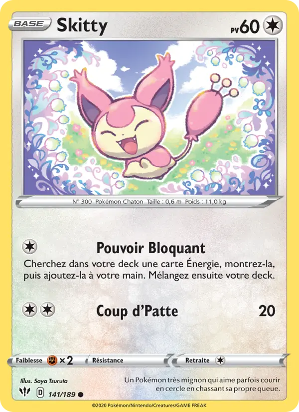 Scan HD carte Pokémon Skitty 141/189 — Ténèbres Embrasées