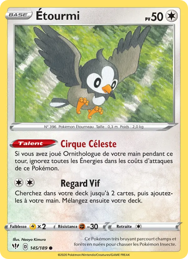 Scan HD carte Pokémon Étourmi 145/189 — Ténèbres Embrasées