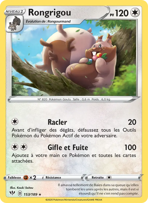 Scan HD carte Pokémon Rongrigou 153/189 — Ténèbres Embrasées