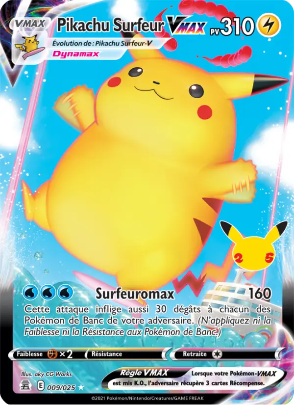 Scan HD carte Pokémon Pikachu Surfeur VMAX 9/25 — Célébrations