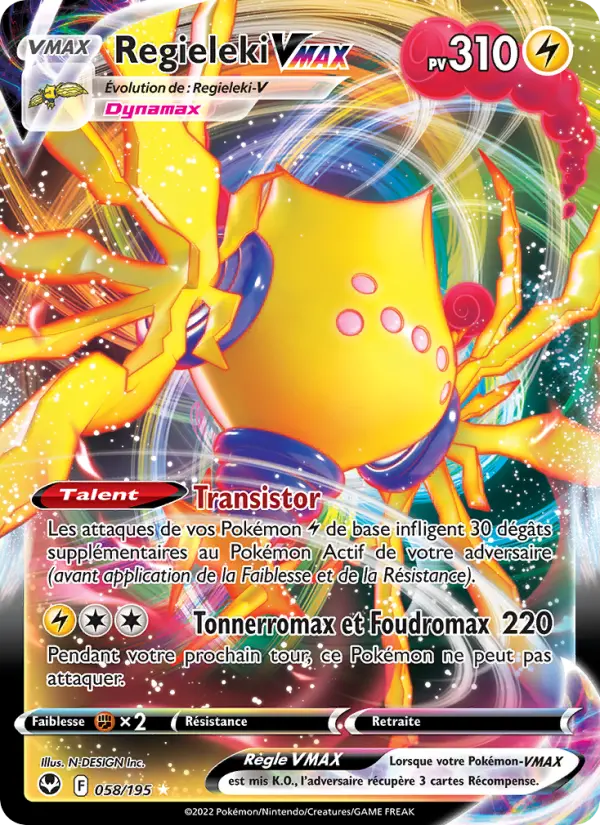 Scan HD carte Pokémon Regieleki VMAX 058/195 — Tempête Argentée