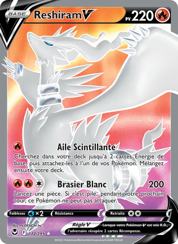 Scan HD carte Pokémon Reshiram V 172/195 — Tempête Argentée