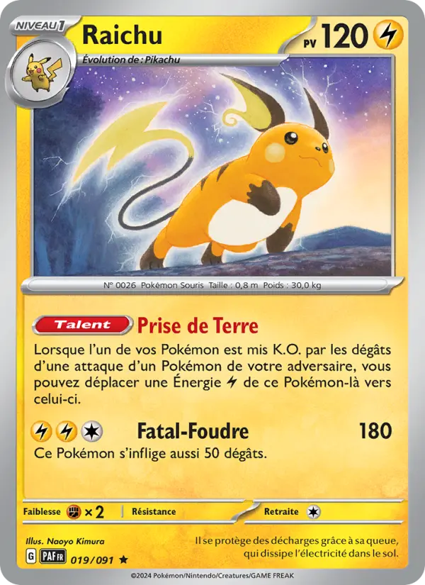 Scan HD carte Pokémon Raichu 019/91 — Destinées de Paldea